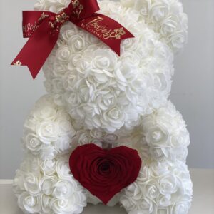 White Rose Bear With Red Heart Preserved Rose