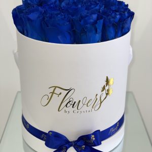 White Round Box With Fresh Blue Roses