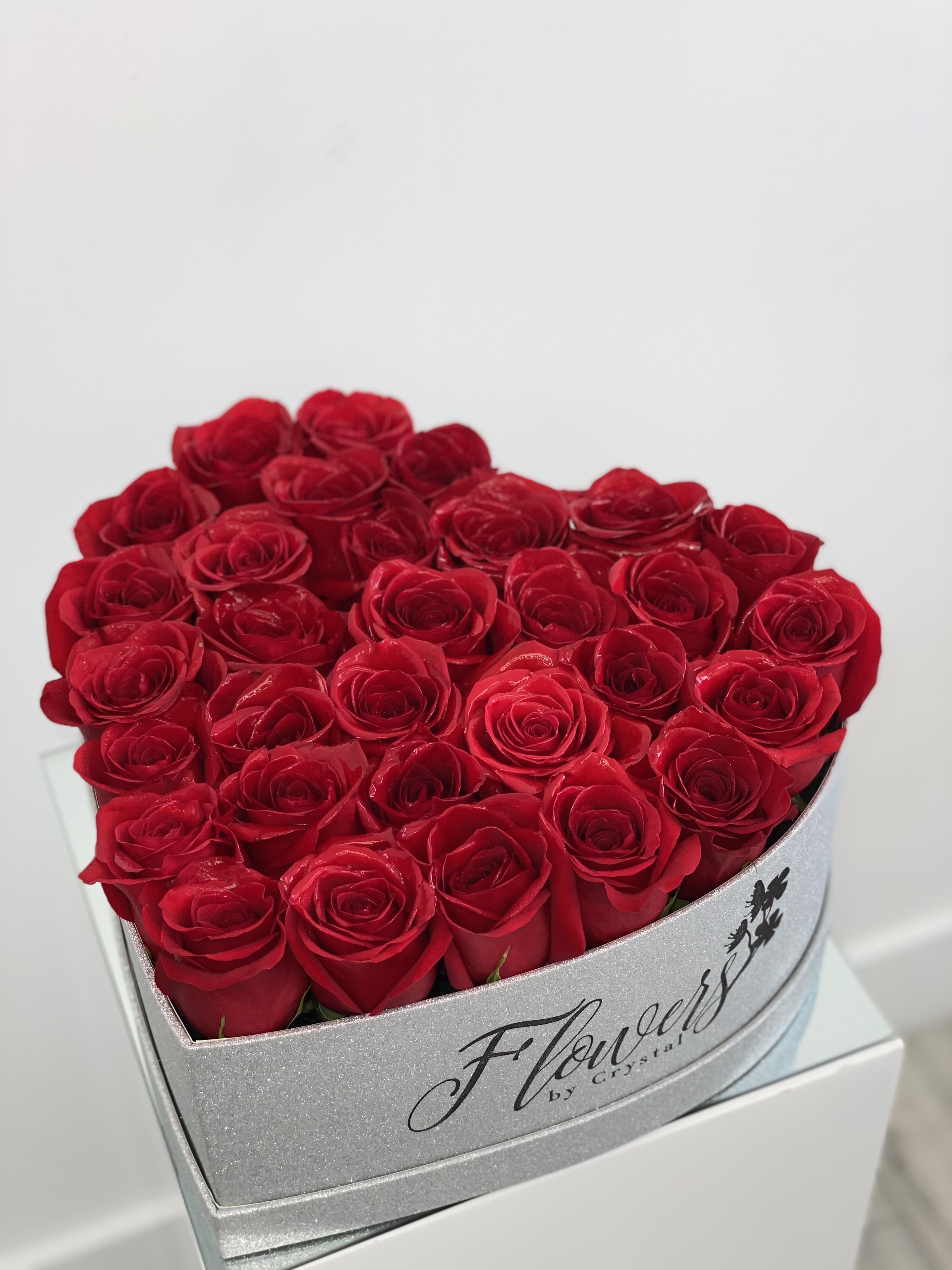 Fresh Red Roses in Silver Glitter Heart Box - Flowers By Crystal