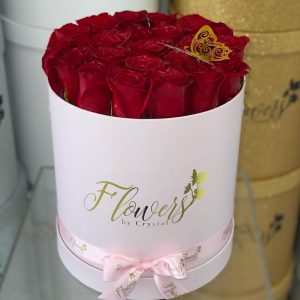 Medium Pink Round Box with Fresh Red Roses