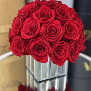 Round Preserved Rose Arrangement In Glass Vase