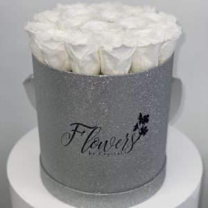 Silver Glitter Round Box With White Preserved Roses