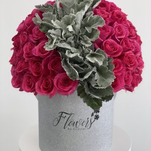 Hot Pink Roses & Dusty Miller in Hatbox