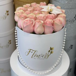 White Round Box with Fresh Pink Roses & Pearls