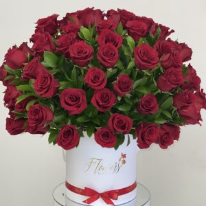 Fresh Red 100 Roses in white box with greens
