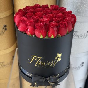 Fresh Red Roses in Black Box