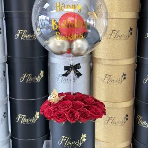 Fresh Flowers arrangement in Medium Box with Personalized Balloon ( Different colors available)