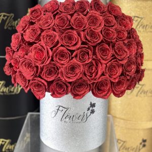 50 Red Glitter Rose Hatbox Arrangement